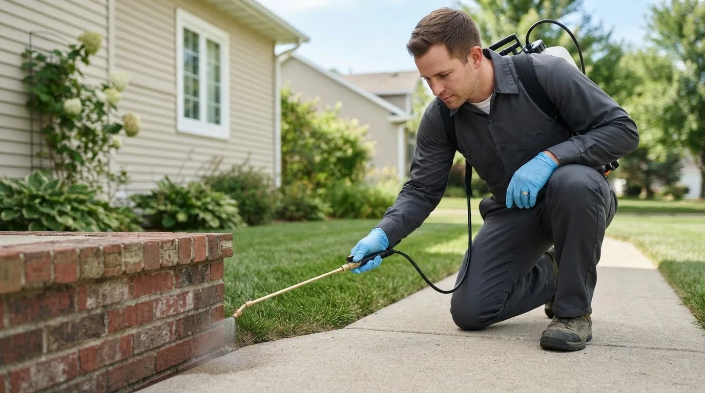 Pest control technician treating a home near Mount Pleasant Mills, PA